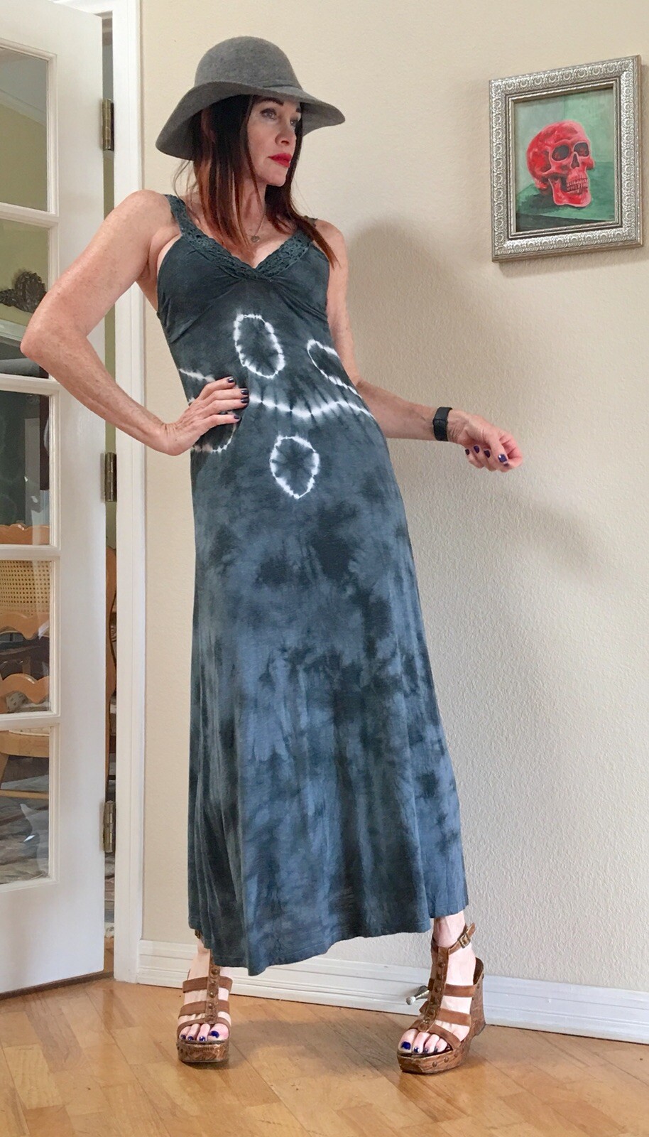 Boho Hippie Tie Dye Grey Blue Festival Long Summer Maxi dress S