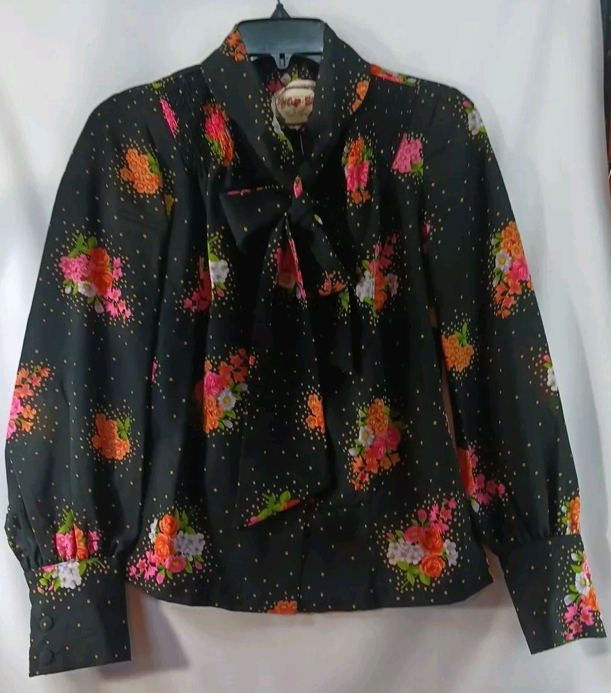Vintage Karl Logan Long Sleeve Shirt My Cup Of Tea Black & Floral Size 9