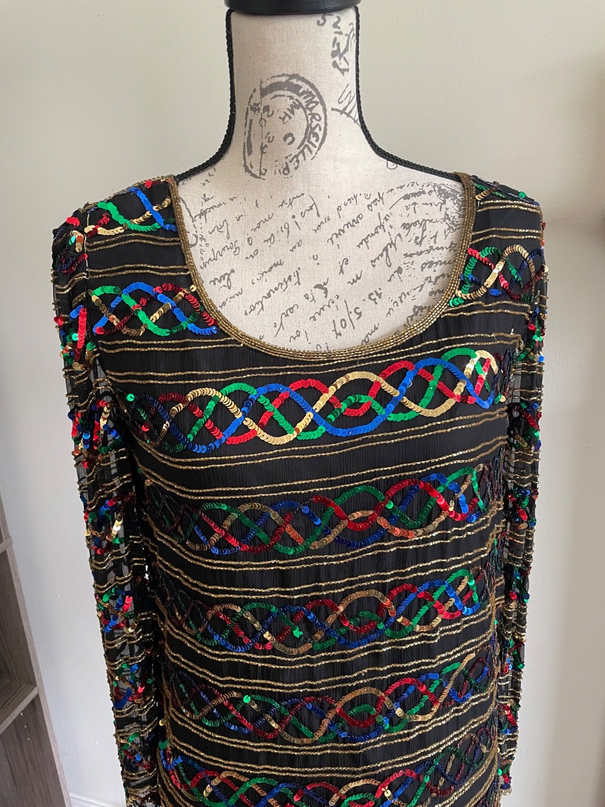Vintage Stenay Silk Rainbow Sequin Shirt Scoop Neck Blouse Top Showgirl Sparkle