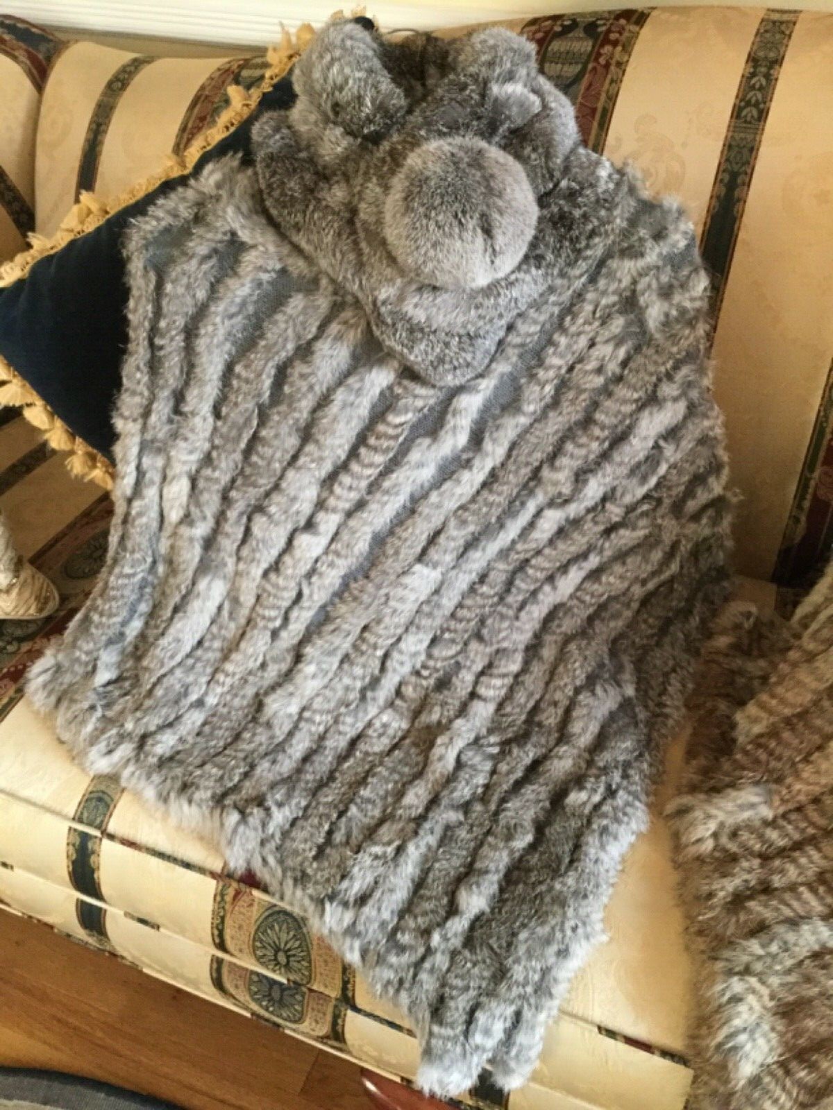 Rabbit FUR PONCHO Shawl Pullover HIPPIE BOHO COWGIRL, Tan or Grey