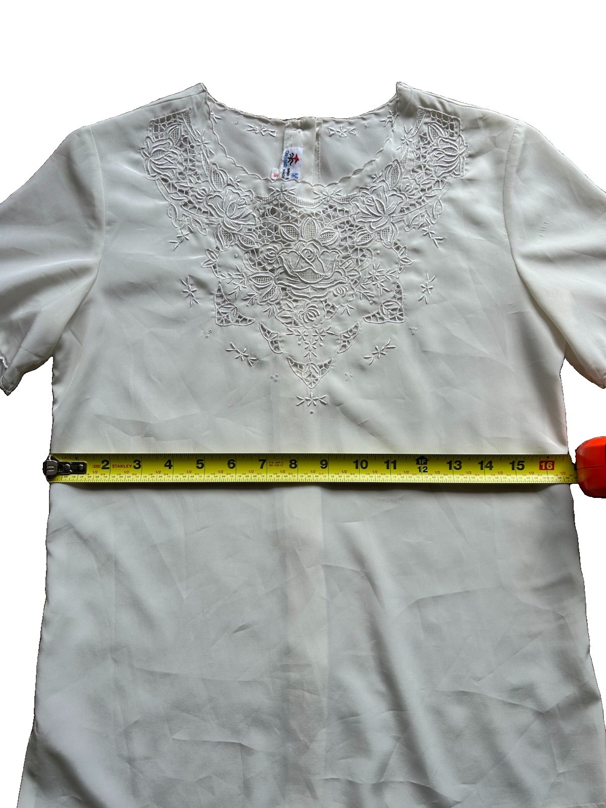 Rose Blouse Shirt Top White Back Button Floral S 80s Hand Embroidered Romantic