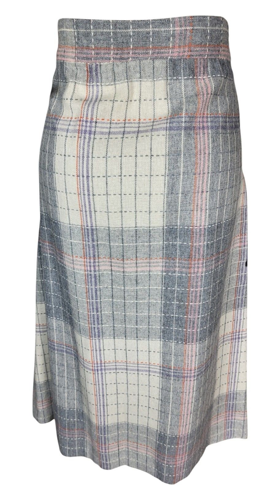 VTG 70s Wool Blend Grey Pink Plaid Tweed Midi Secretary Academia Librarian Skirt