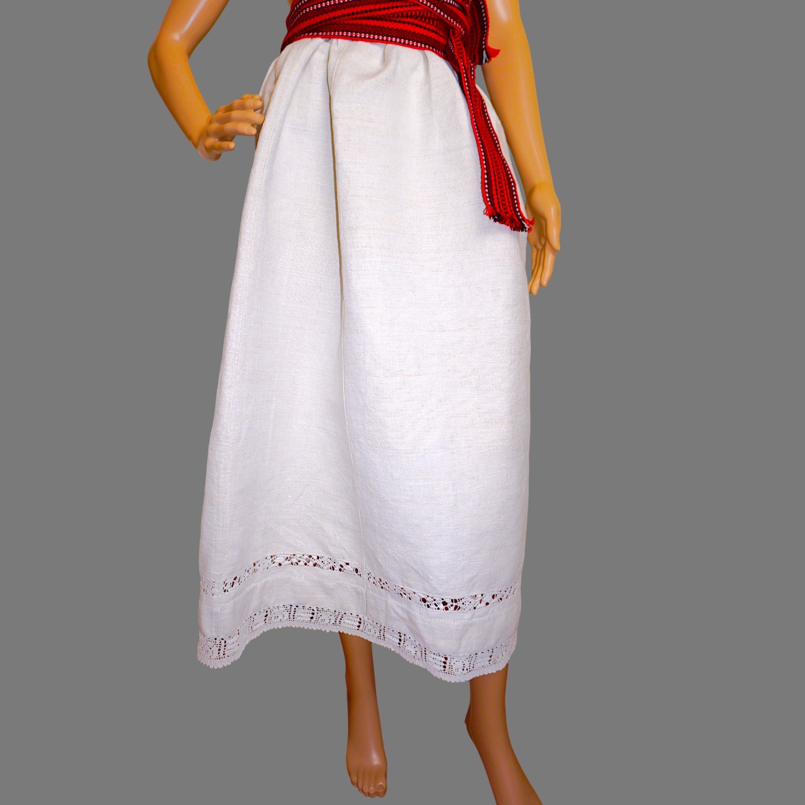 Old traditional Romanian rural skirt with handmade lace, natural beige hemp