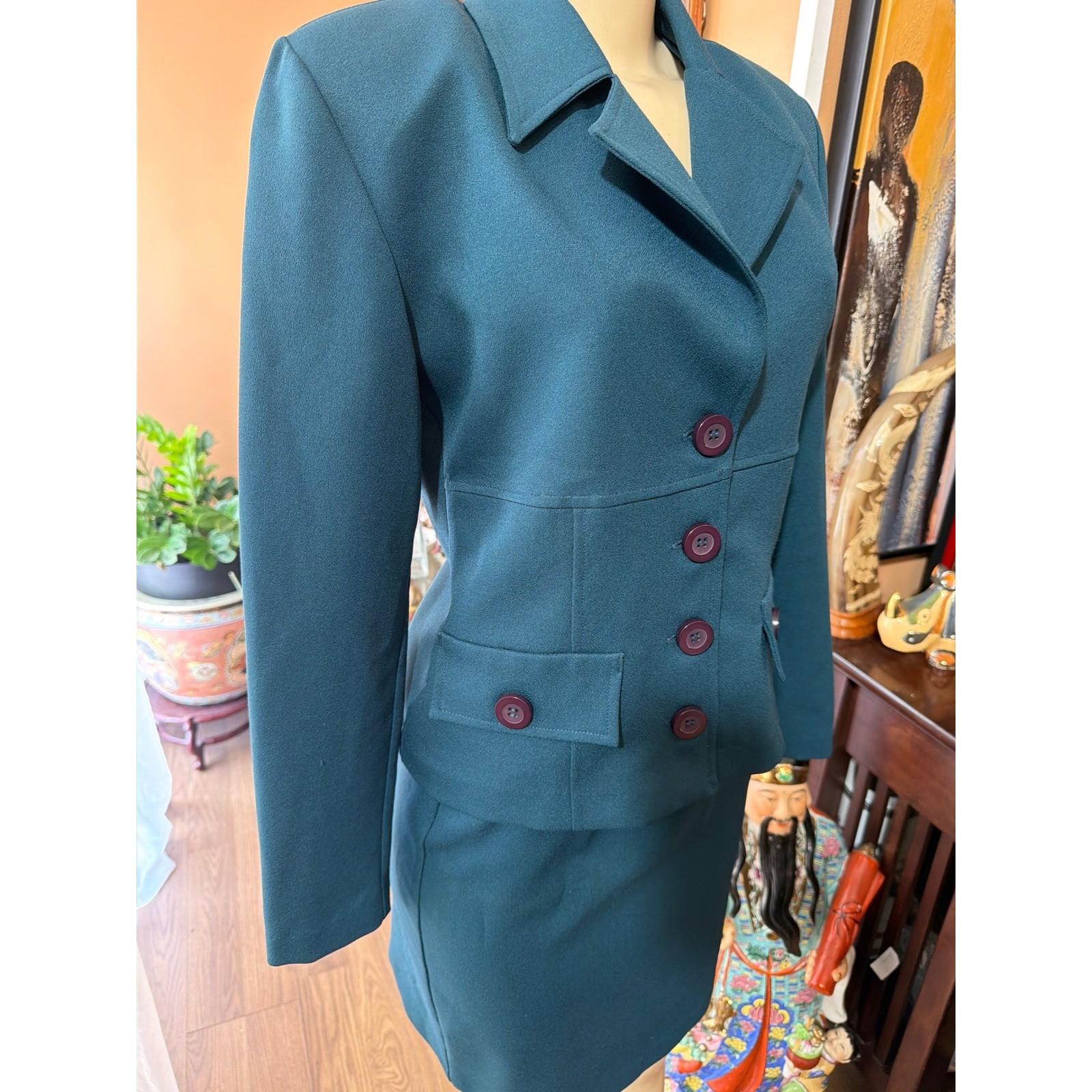 Vintage JFW Contemporary Collection Teal Skirt Suit Set Blazer Pencil Skirt Med