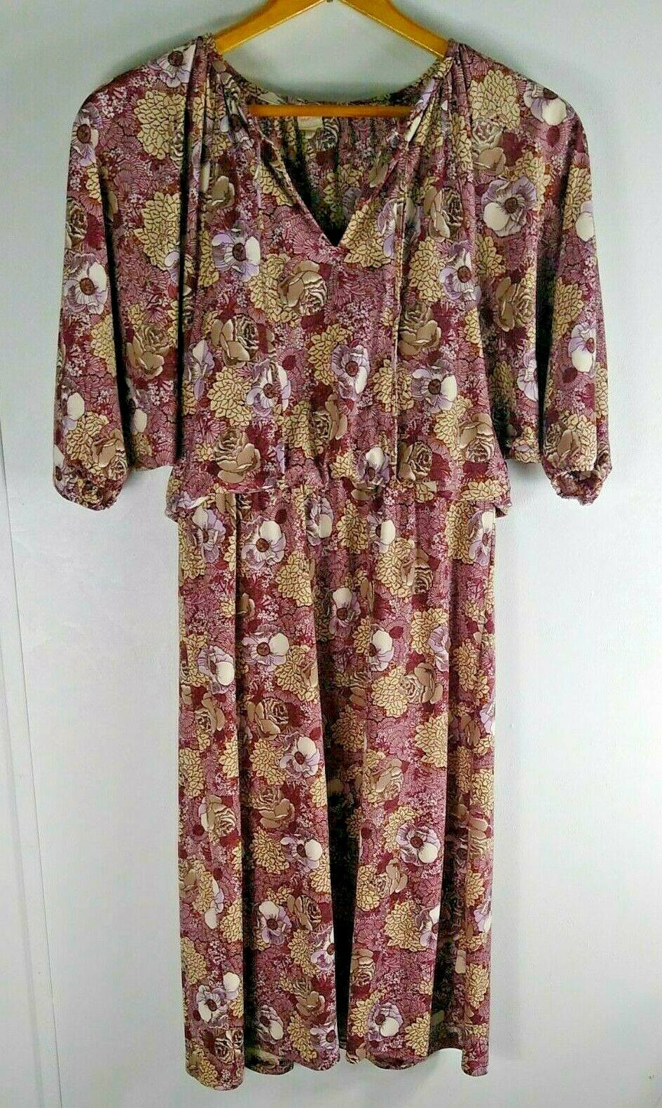 Womens Vintage Cottagecore Dress Floral Dolmen Sleeve Midi Elastic High Waist 13