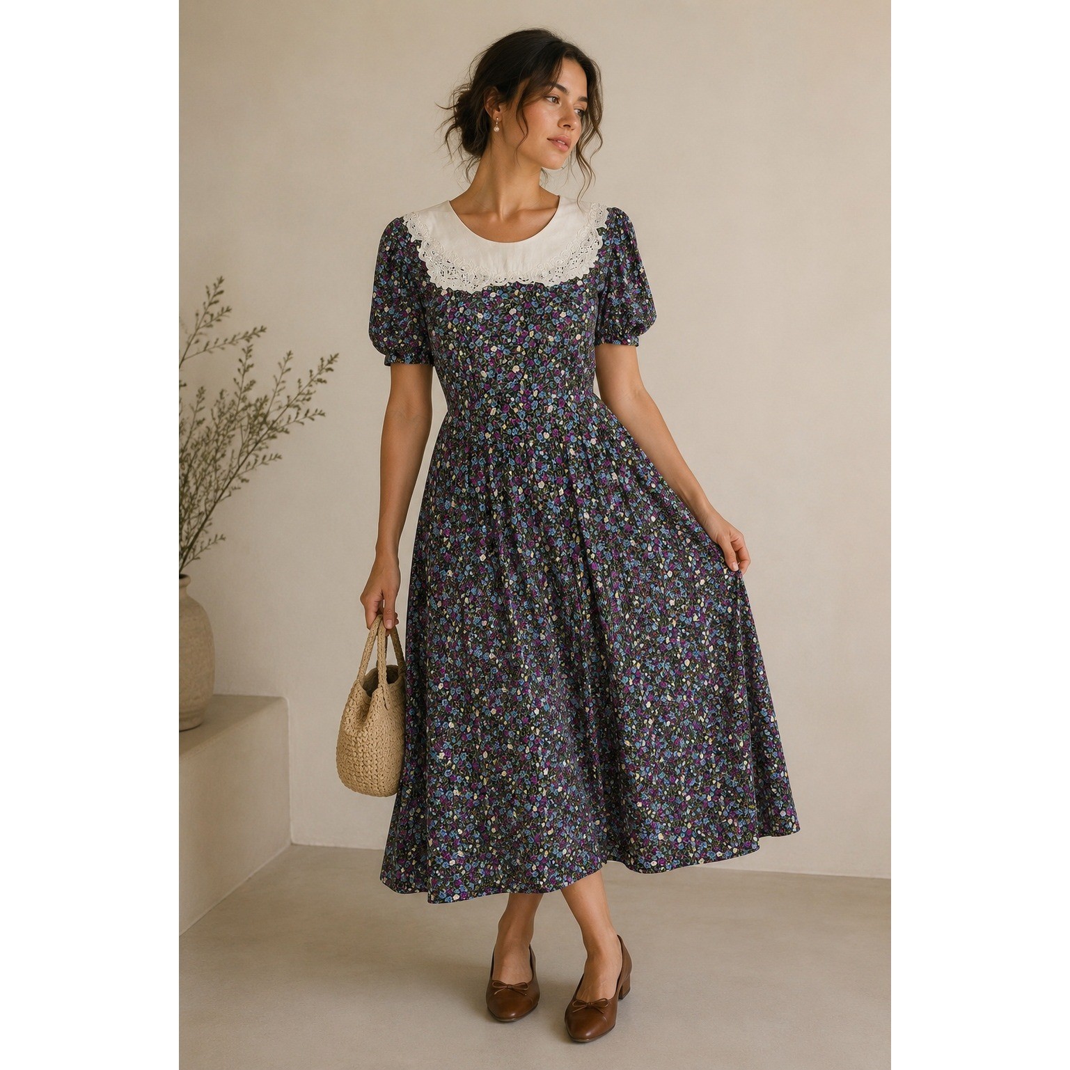 Vintage 90s Floral Prairie Midi Dress Lace Collar Cottagecore Rayon 12P