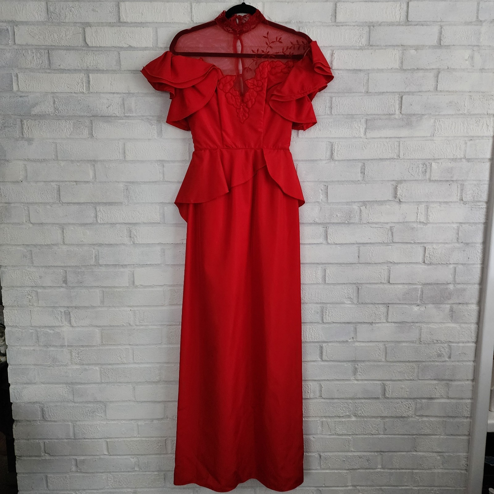 70s 80s Vintage Peplum Red Floor Length Formal Dress Size XS Prom Costume Prop