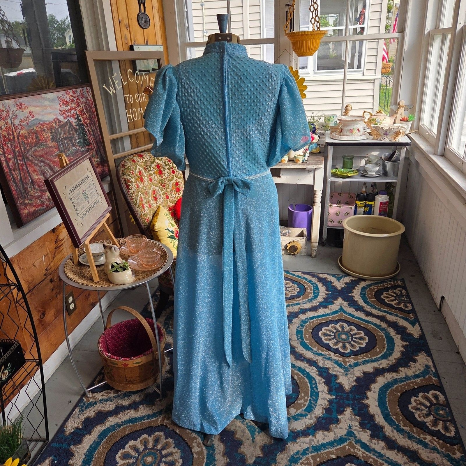 Vintage 60s Lurex Metallic Blue Maxi Disco Puffed Sleeves Transparent Size Small