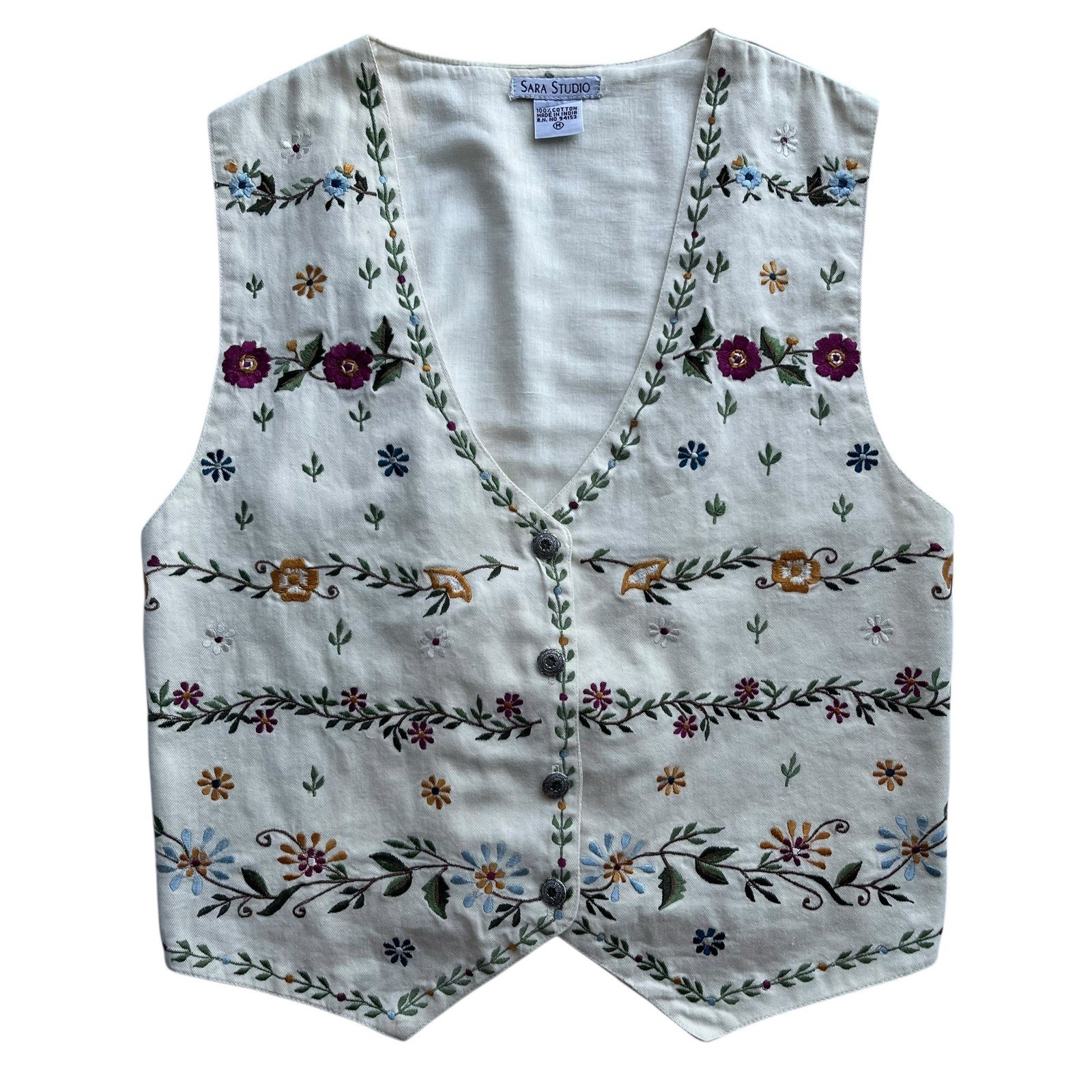 Vintage Nordic Folk Embroidered Cotton Vest Scandinavian Cottagecore Boho Size M