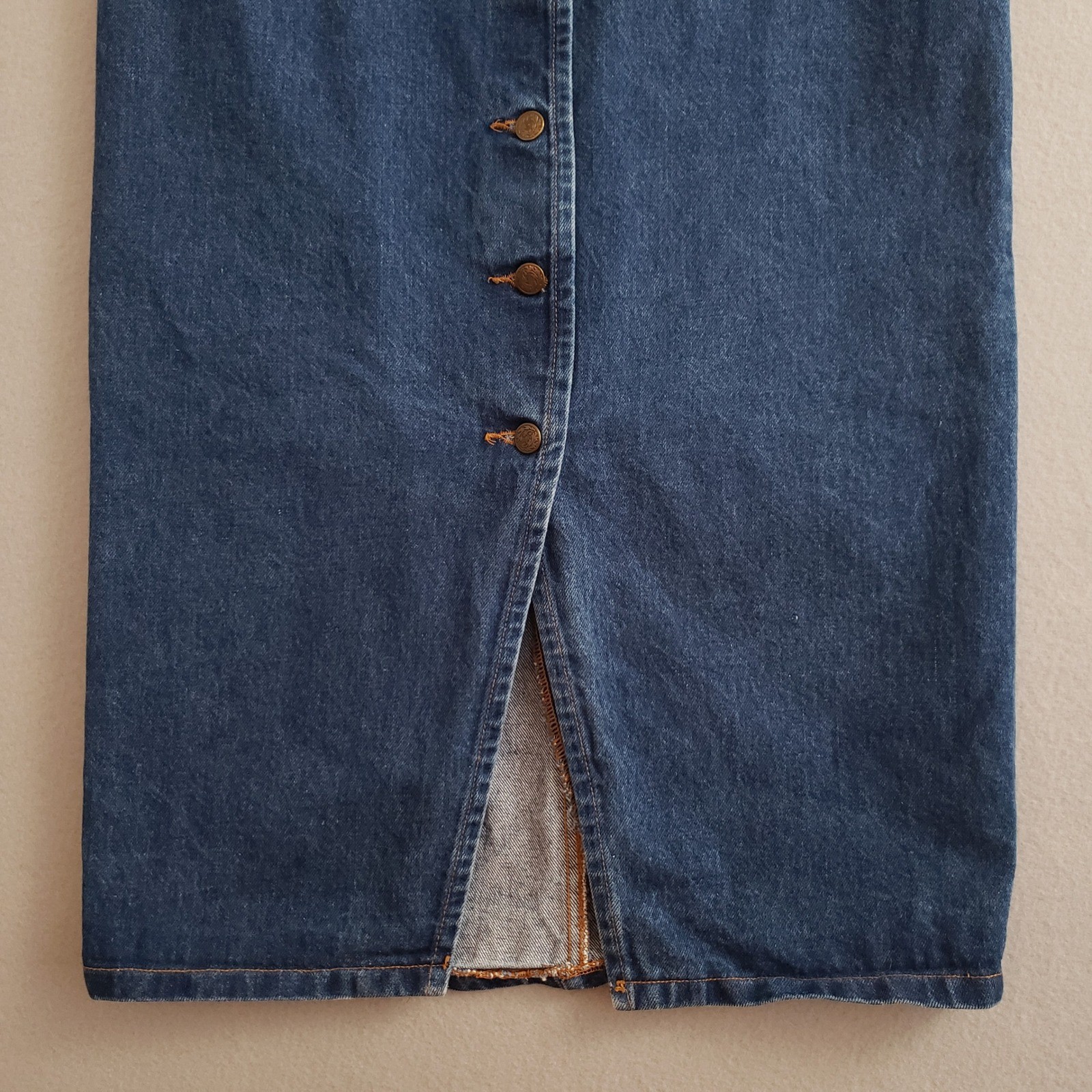 Courage My Love 13/14 Denim Skirt Blue Button Front High Rise Midi Vintage 90s