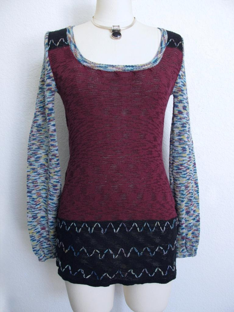 Vintage 90s BKE Mod Tunic Sweater S Mixed Media Embroidery HIppie Burgundy Black