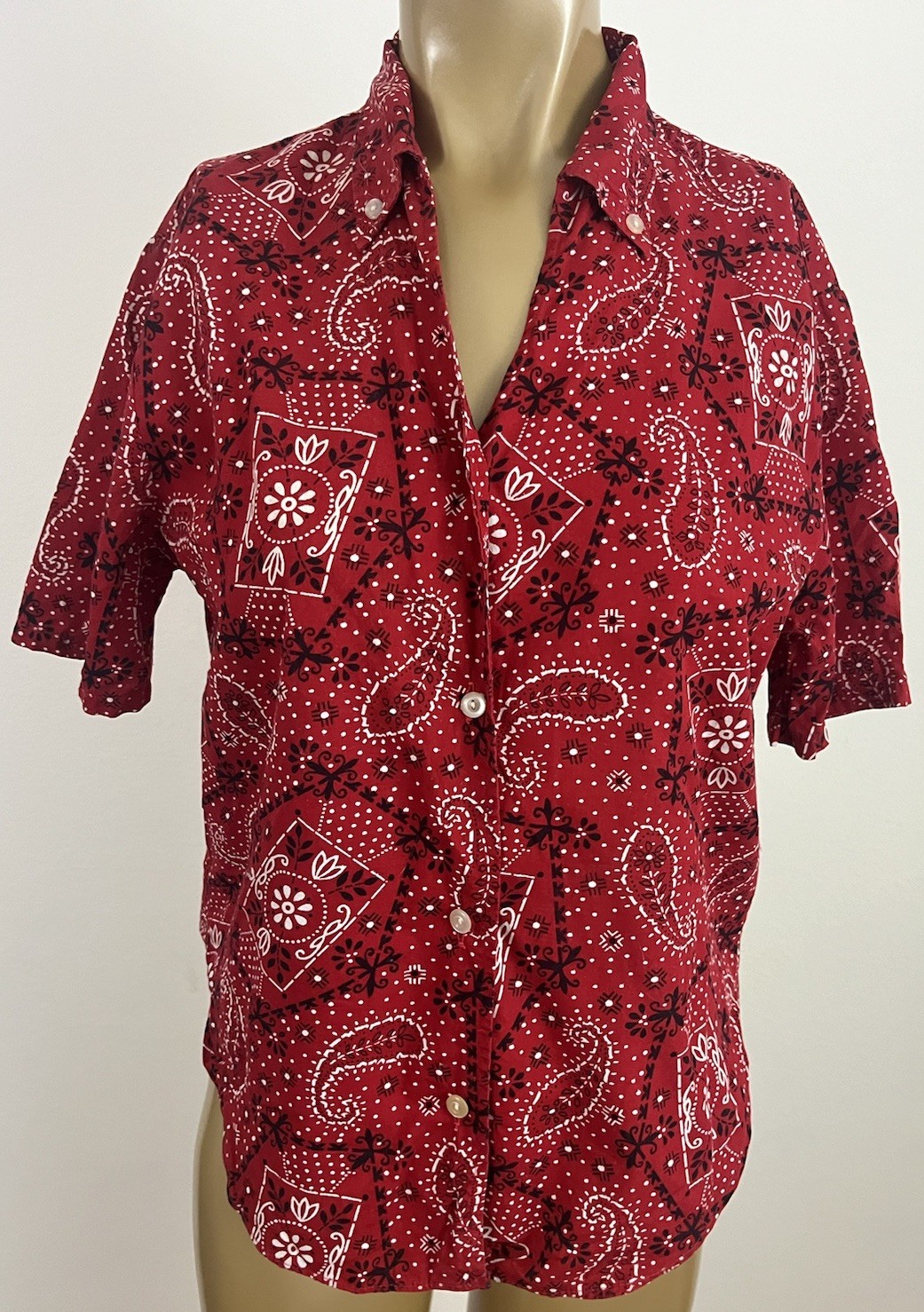 Vintage Sanforized Women’s 36 Red Bandana Western Print Button Front Shirt Top