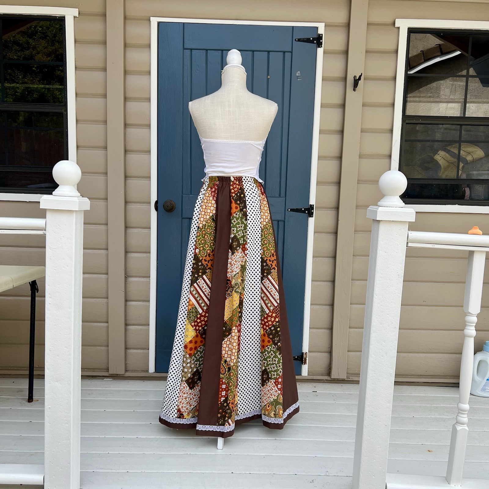 Vintage 70s Patchwork Maxi Skirt with Brown and Orange Tones Size Small