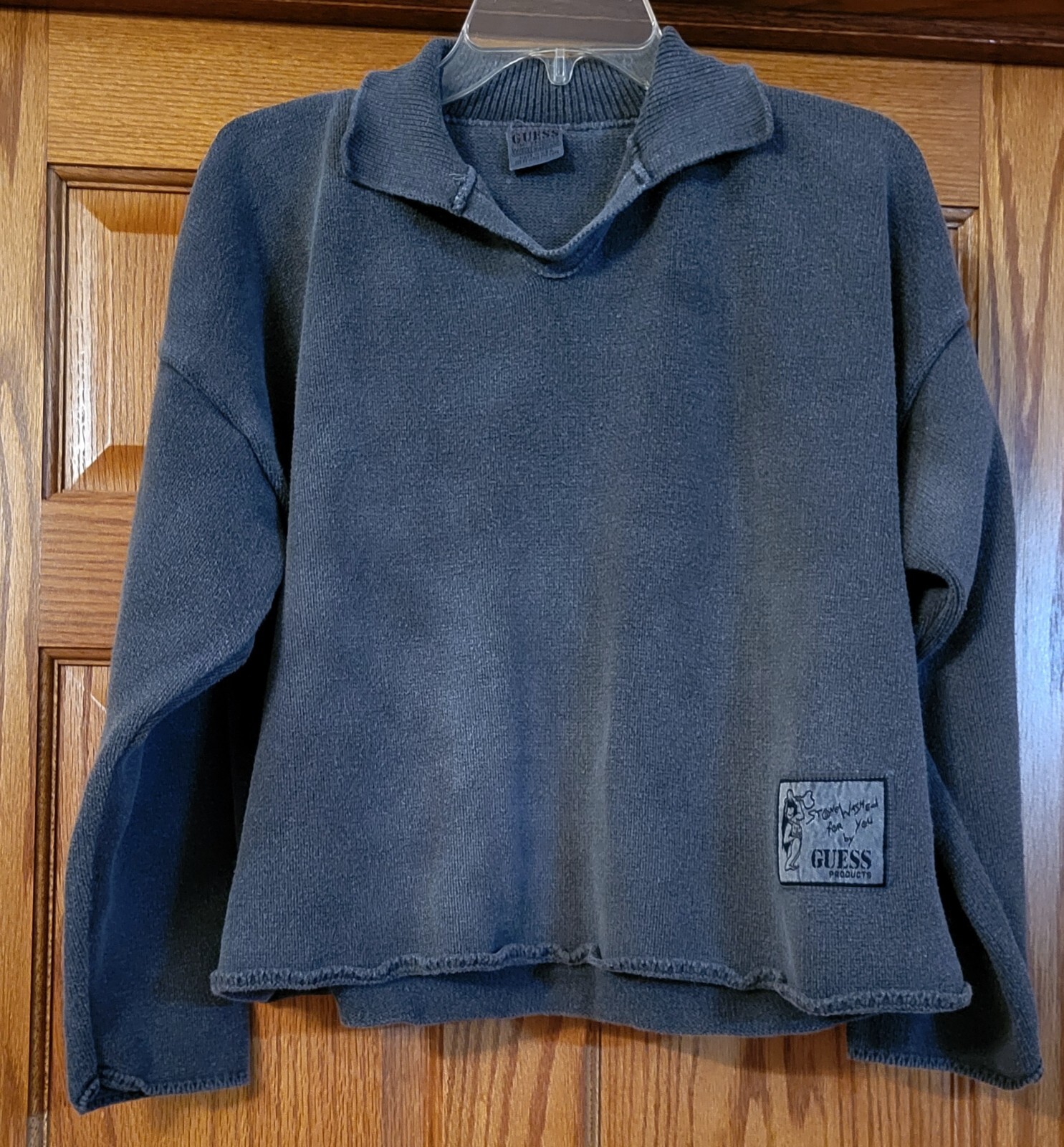 VTG Guess Georges Marciano Sweater XL Cropped Stone Wash Logo Patch Minimalist