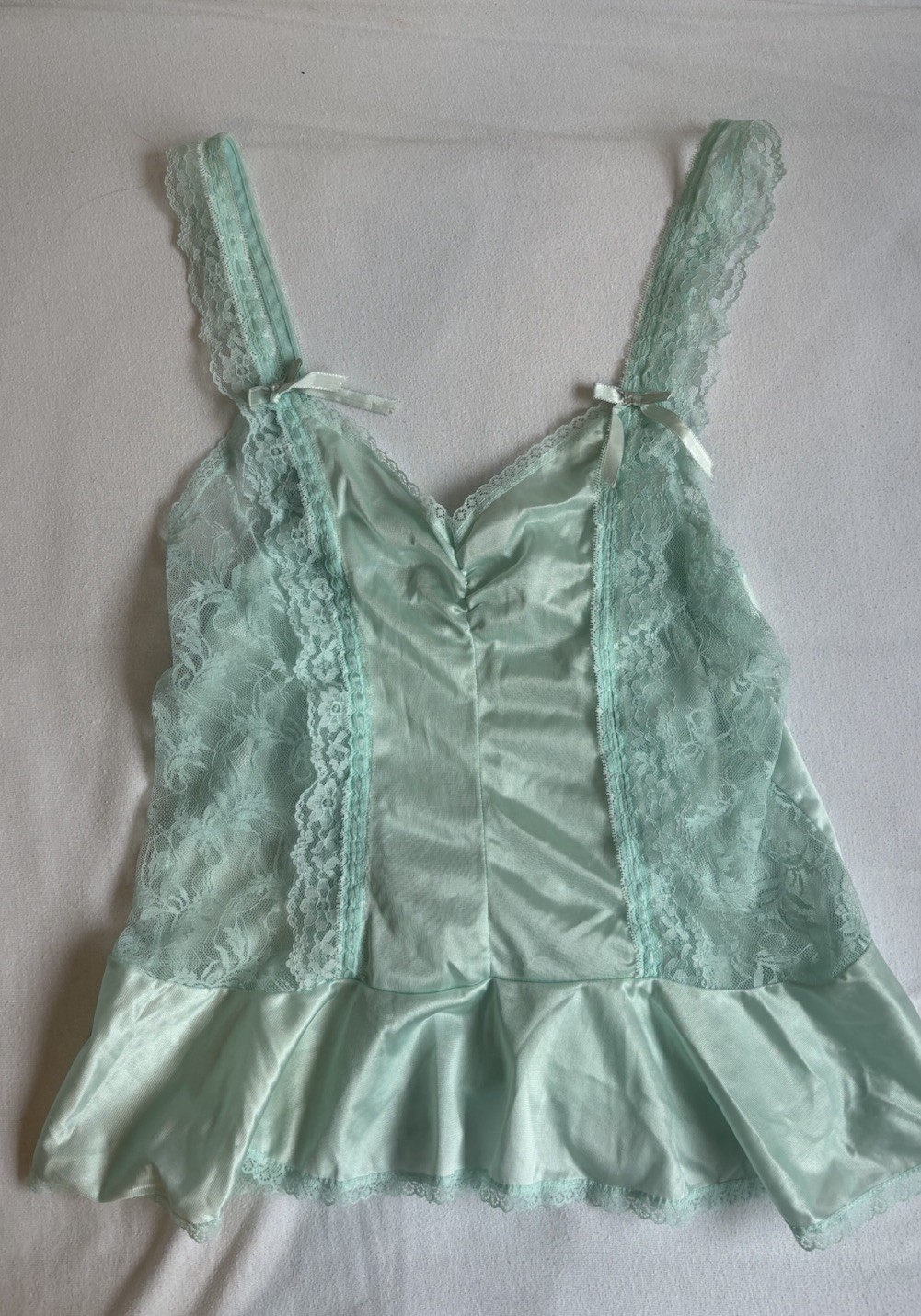 Vintage Coquette Dainty Babydoll Lace and Bows Lingerie Top Sz L Sea Foam Green