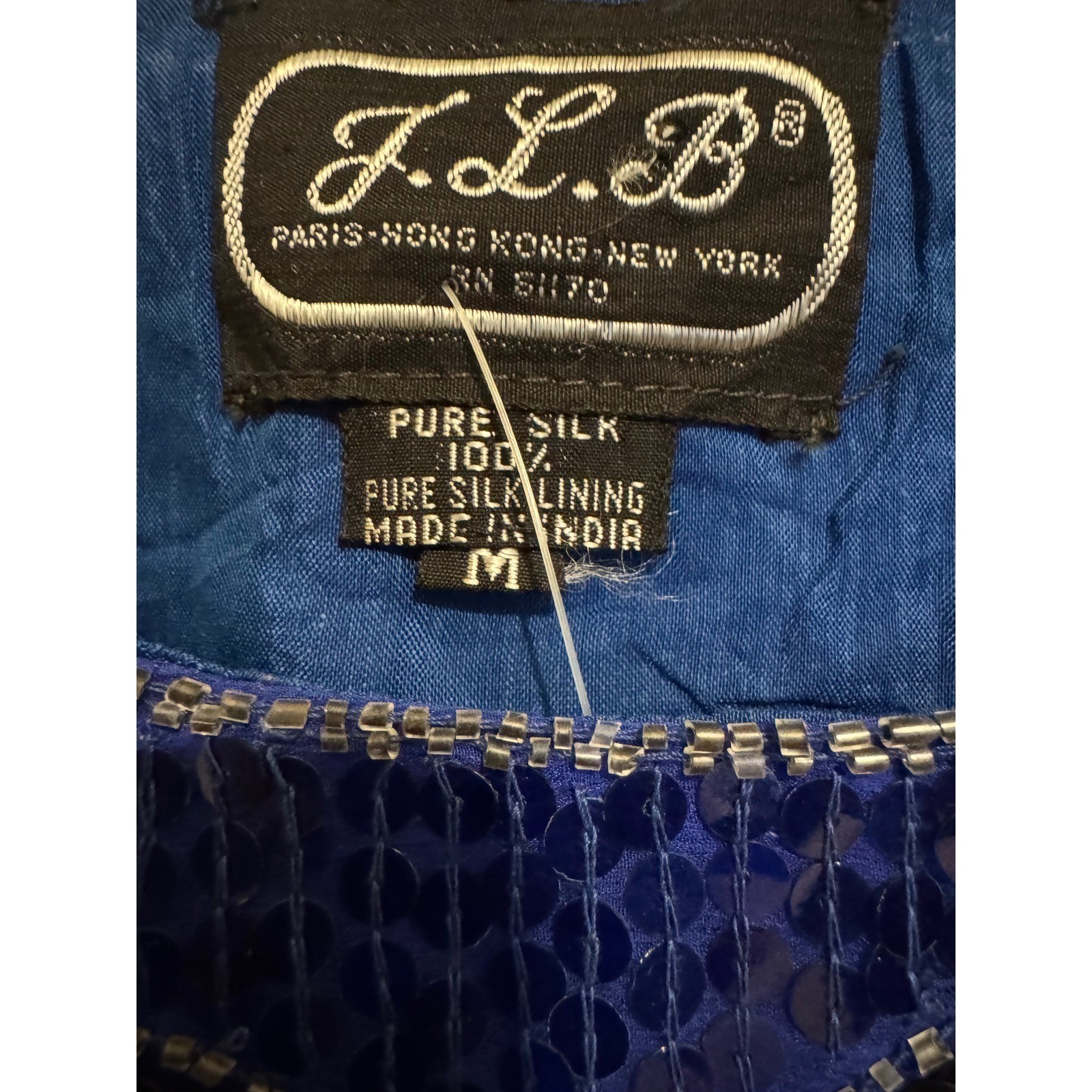 NEW Sequin Blouse Women’s Medium Blue Silk Top Deadstock Vintage Glam Sparkle