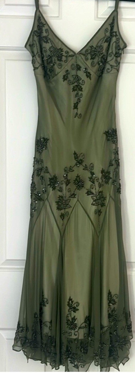 Vintage Papell Boutique Green Silk Beaded Dress Size 10