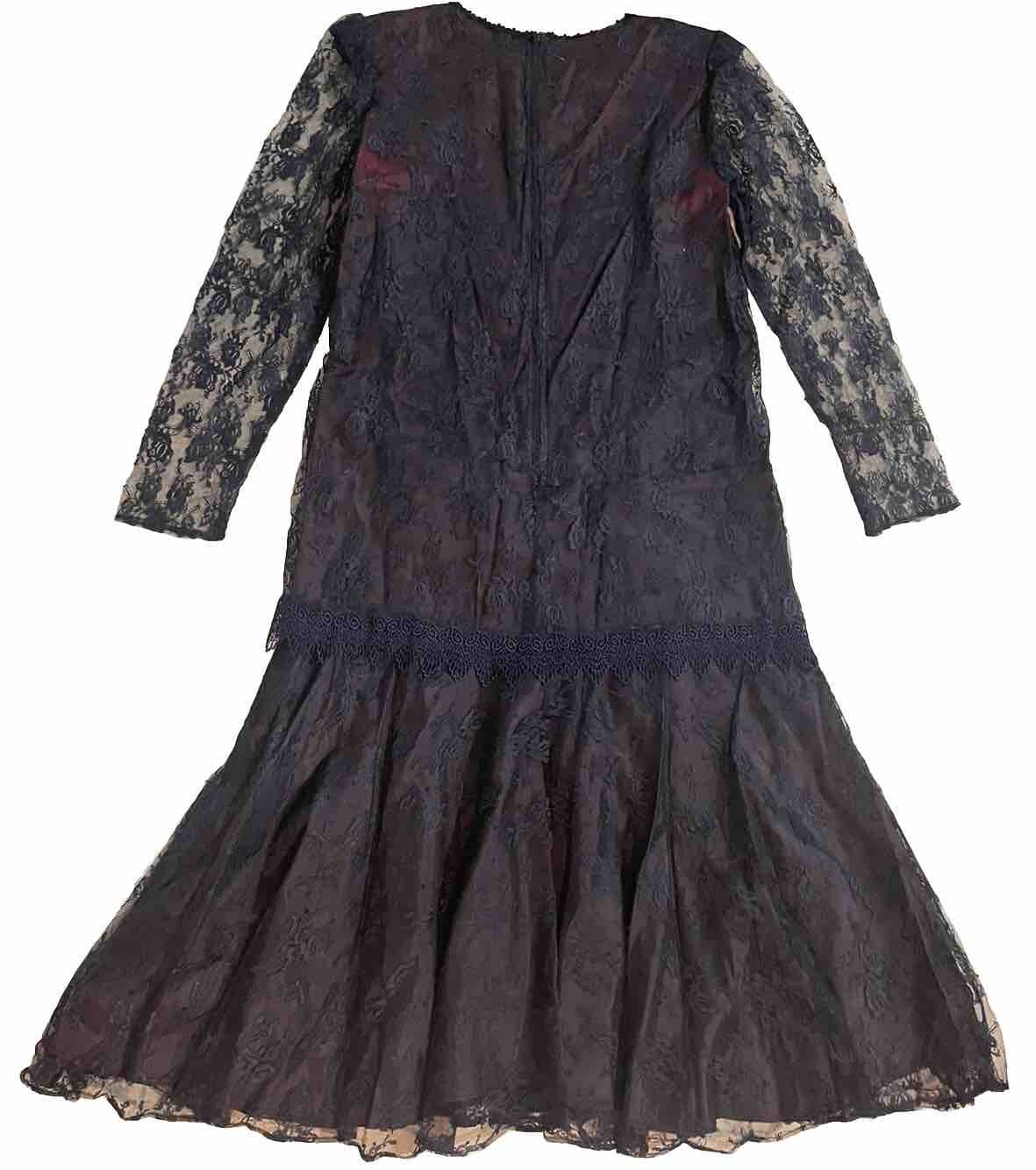 GILBERTI Victorian Vintage Navy Lace Dress 10 M L Goth Flapper 80s Midi Formal