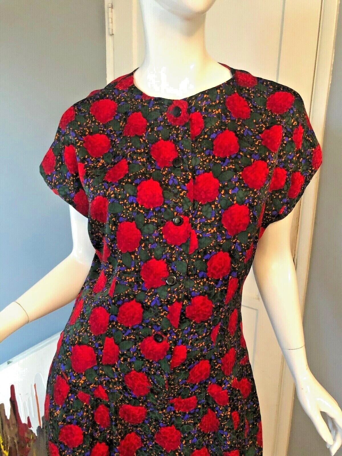 Dress M Vtg 80s Silk ART FLORAL Button Front TROPHY Sexy Secretary WEDDING GUEST