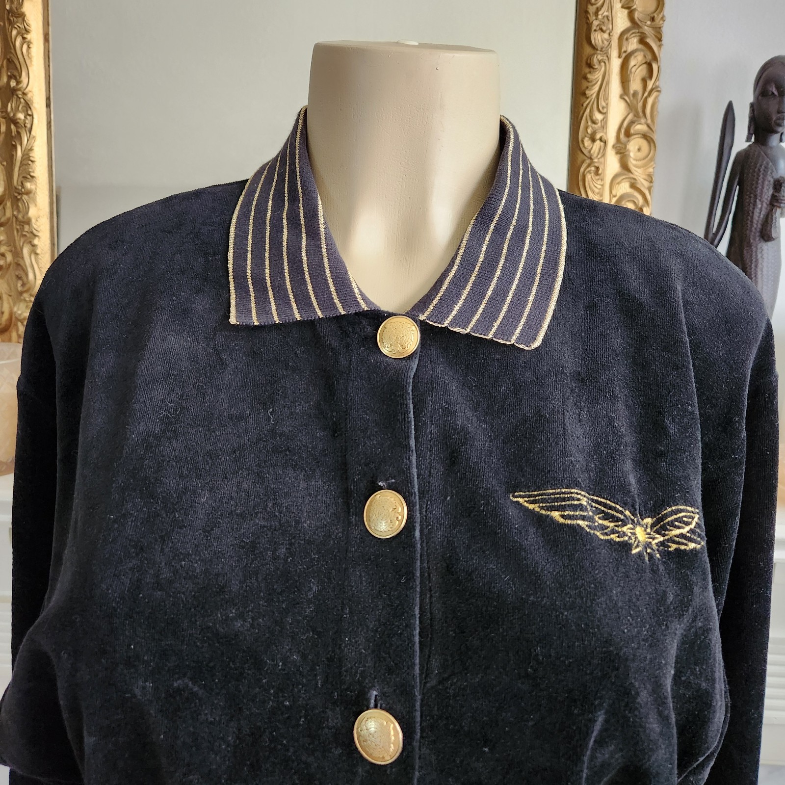 Vintage 80s Black Velour Jumpsuit Size Medium Embroidered Metallic Gold Retro