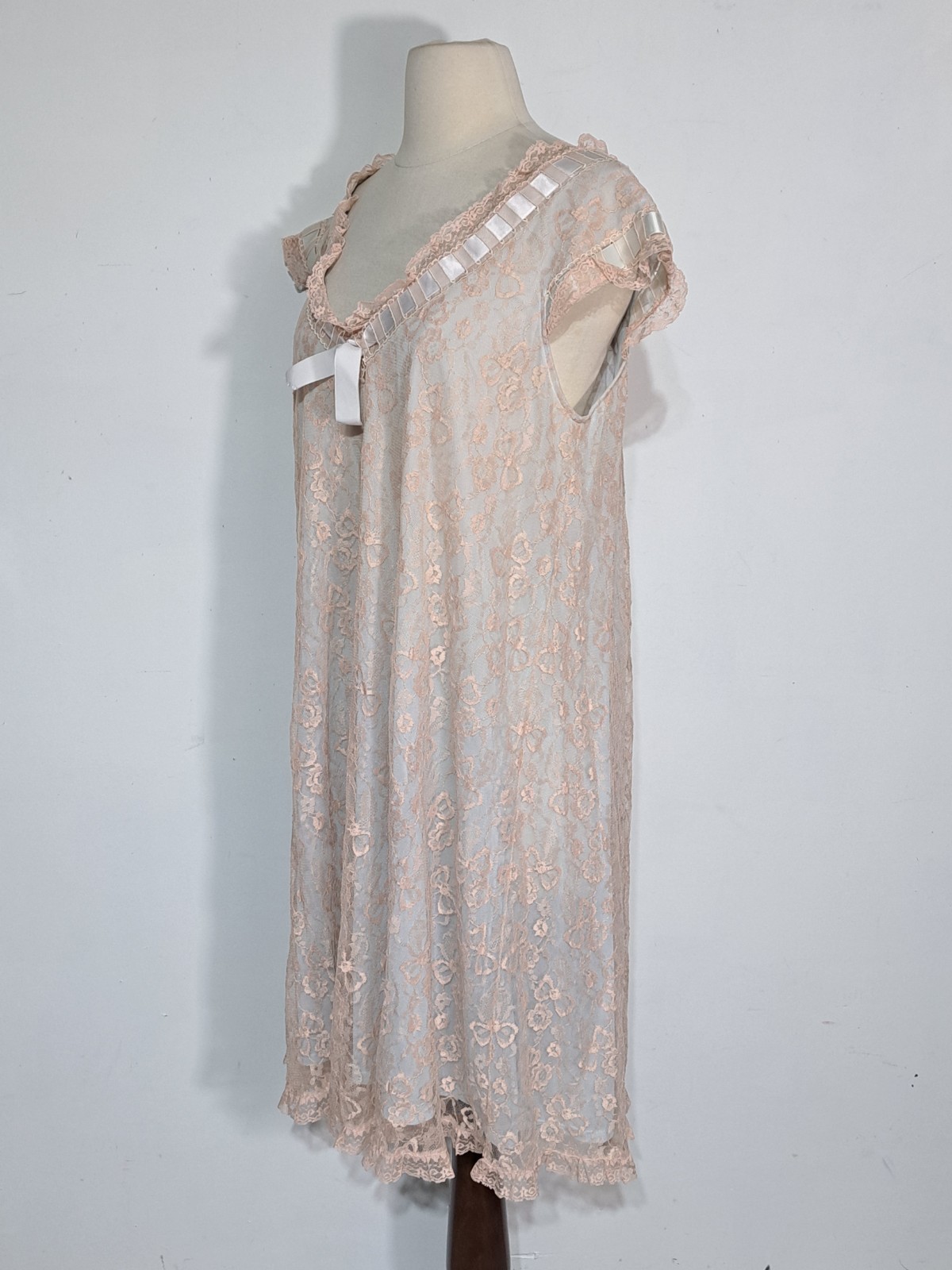 Vtg 1960s Odette Barsa Blush Lace Overlay Sissy Nightgown Pale Blue Nylon M/L