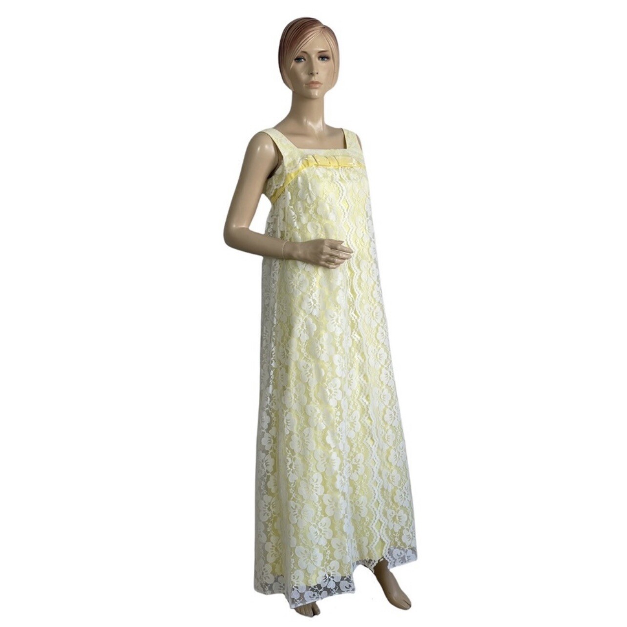 Vintage Victorian Yellow & White Lace Cape Style A-line Maxi Princess Dress