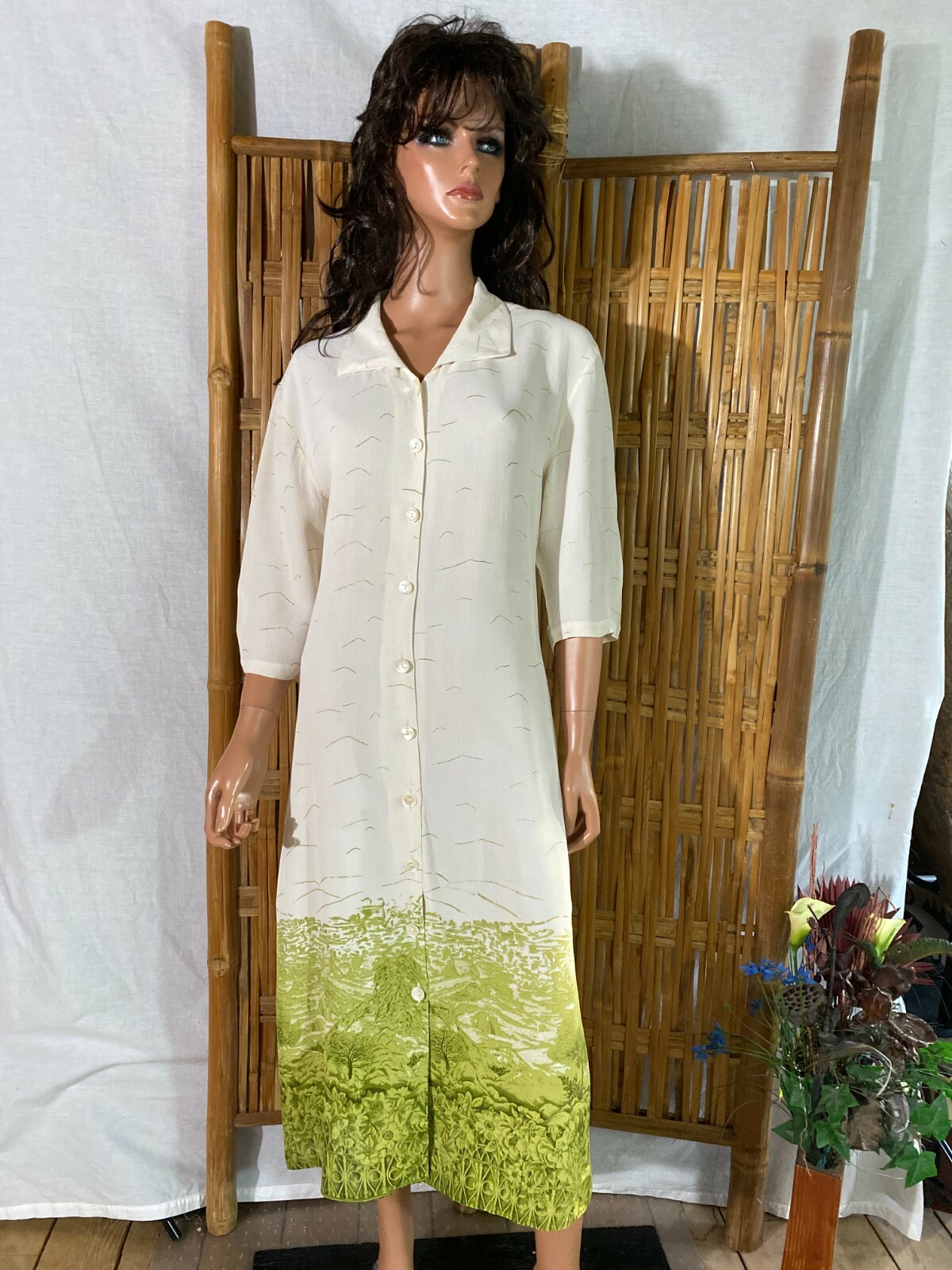 Vtg Papillon Long Duster Dress Cover-Up Ivory Nature Scene Semi-Sheer Boho M