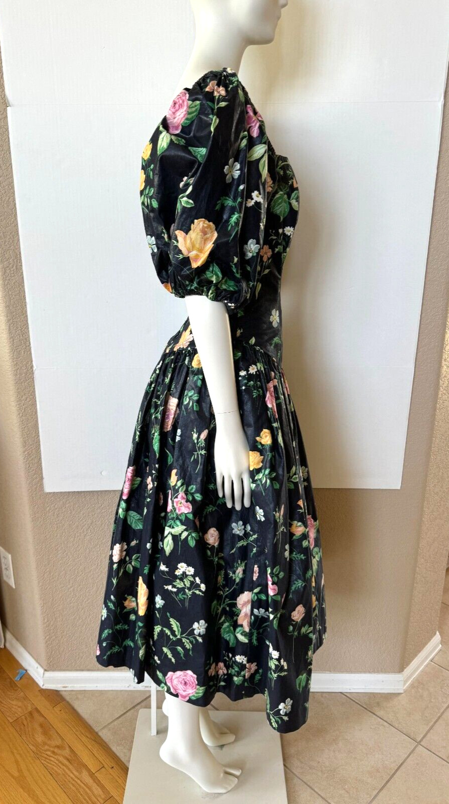 Vintage 80s Cottage Core Black Floral Prom Party Dress S G Gilbert Net Slip Sz 6