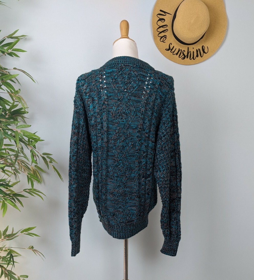 Vintage 80s 90s Chunky Knit Sweater Mens M Womens L Unique Teal Grey Tan
