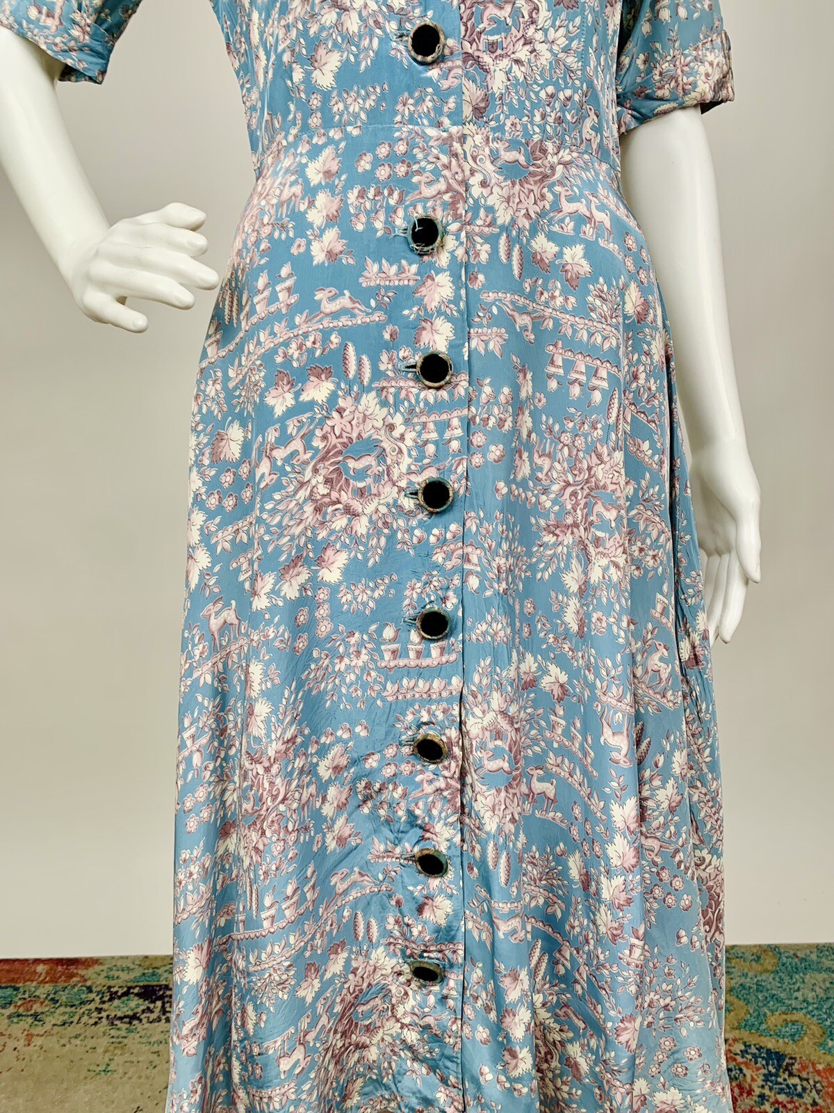 Vintage 1940s Rayon Novelty Print Shirtwaist Dress Deer Potted Flowers Blue Grey