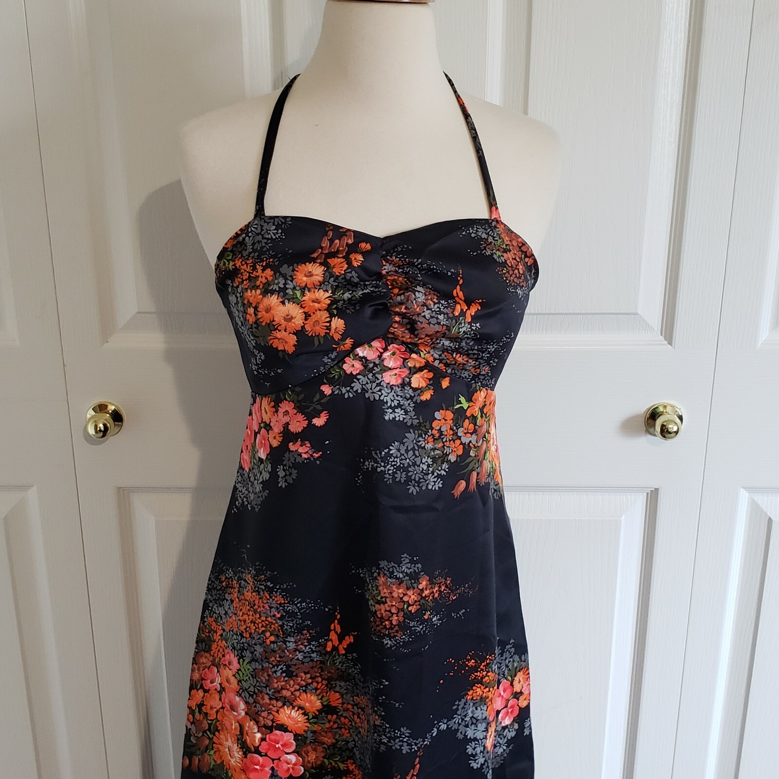 Vtg 60s Sun Fashions Hawaiian Tiki Maxi Black Floral Spaghetti Strap Dress XS