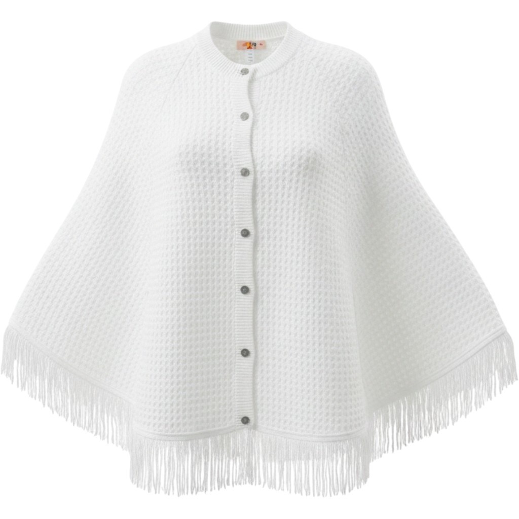 Vintage White Knit Button Front Fringe Cape Wrap Poncho with Arm Slits