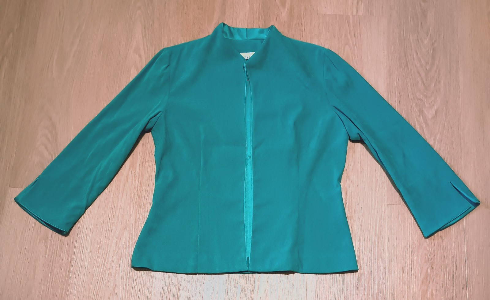 Vtg 80s LESLIE FAY Open Front Soft Smooth TEAL Mandarin Collar Jacket Blazer M L
