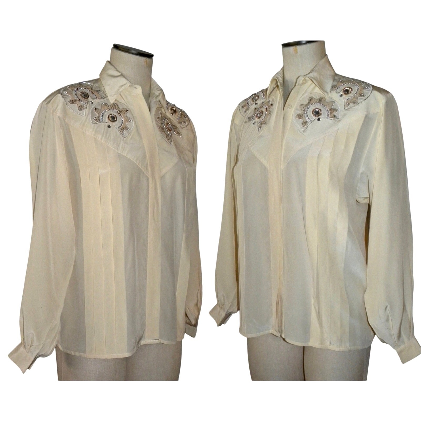 Vintage 80s Ivory Silk Tuxedo Blouse Beaded Rhinestone Appliqué Hidden Placket