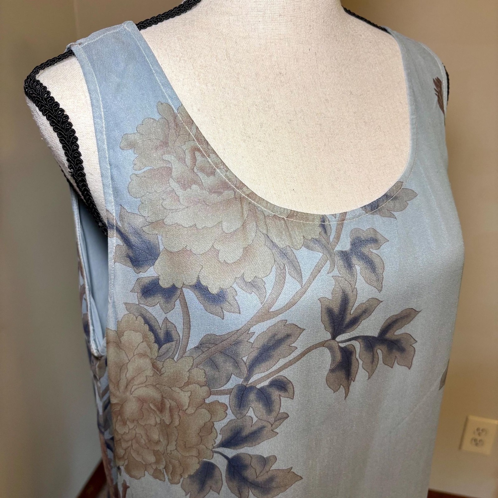Vtg 90s Citron Santa Monica Silk Floral Maxi Dress Pale Blue Floaty Romantic M