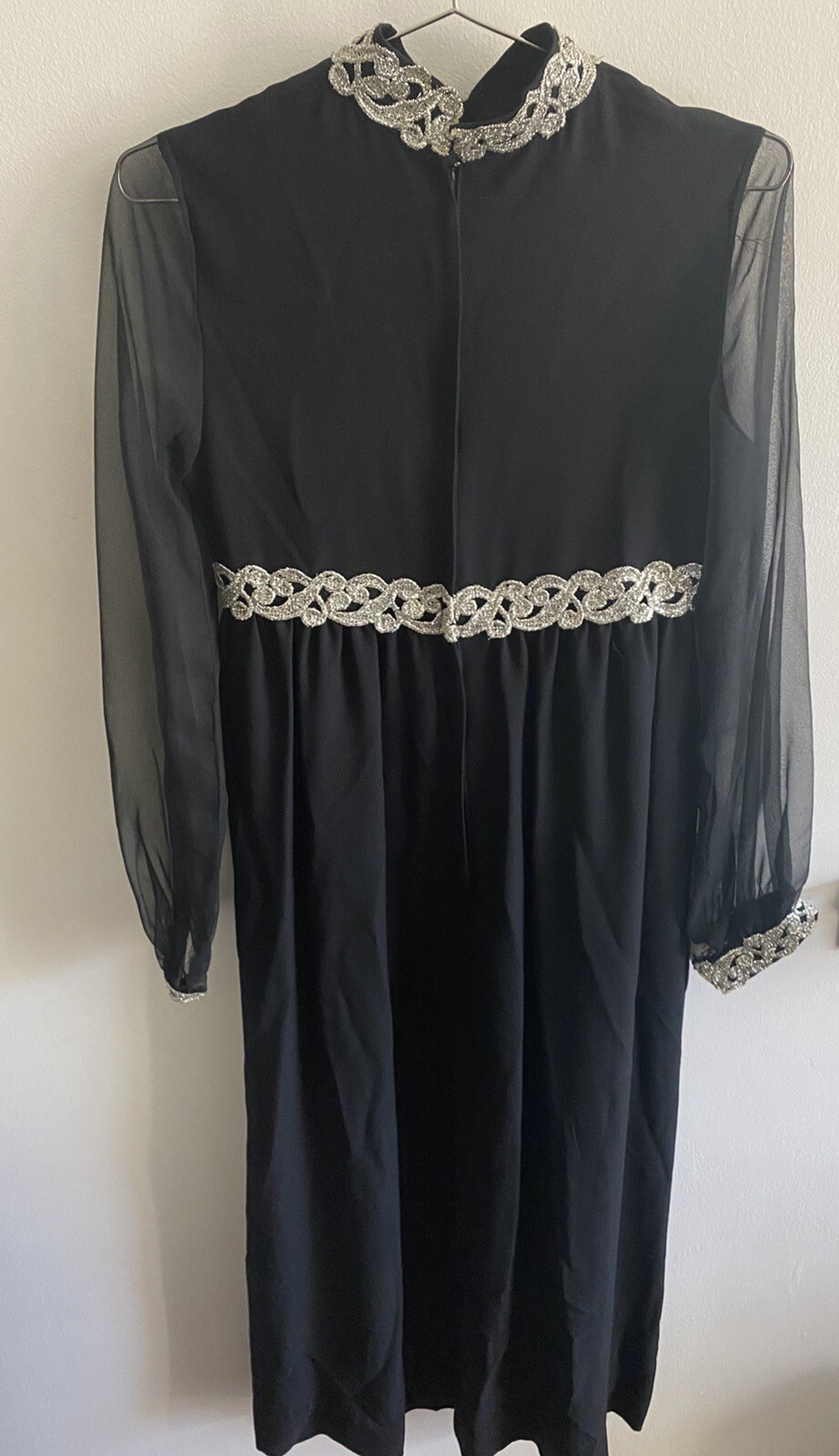 VTG Black Dress Silver Metallic Soutache Trim Sheer Sleeves Keyhole Neckline sz9