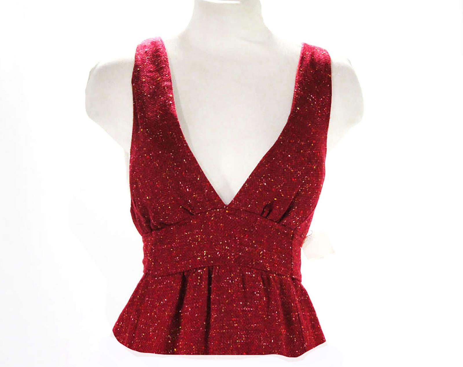 Size 8 Tweed Bodice with Plunge V Neck – 1970s Maroon Flecked Sleeveless Top