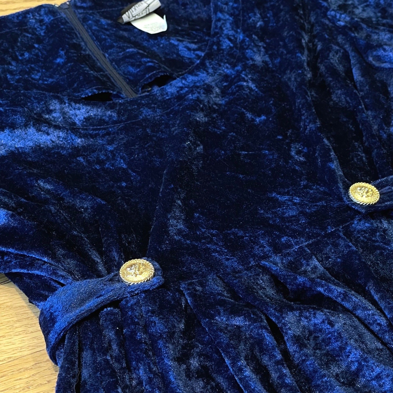 Brett Alixander Vintage 90s Velvet Midi Dress Dark Academia Blue Tie Back Bow