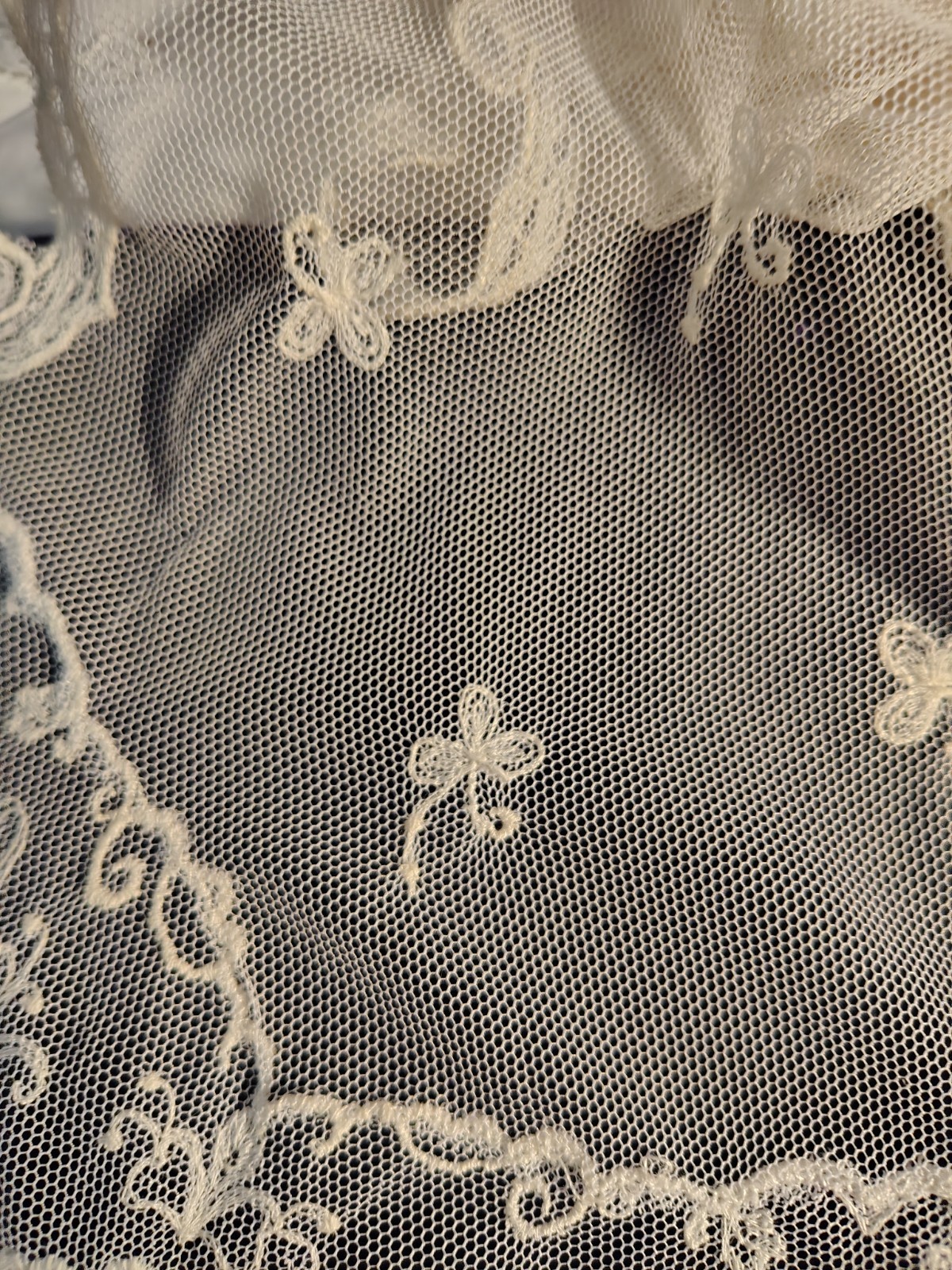 Vintage Lappet Scarf 36″ Ivory Net Lace Machine Embroidered Rectangle Runner
