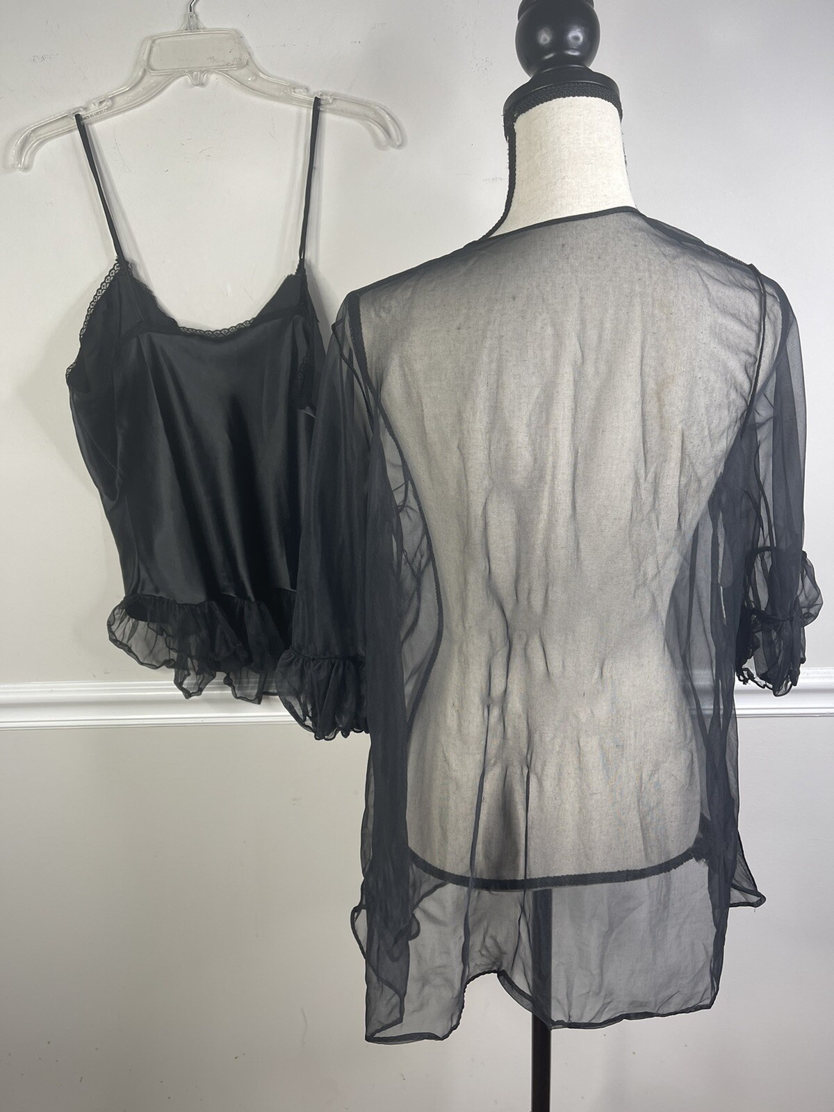 Vintage DELICATES Liquid SATIN Lace Cami Peignoir Black Large Chiffon Set Sexy