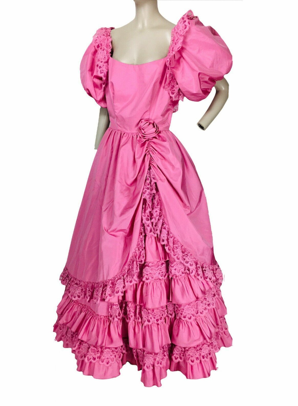 Vintage 70s Southern Belle Victorian Medieval Tiered Lace Ball Gown Dress Pink