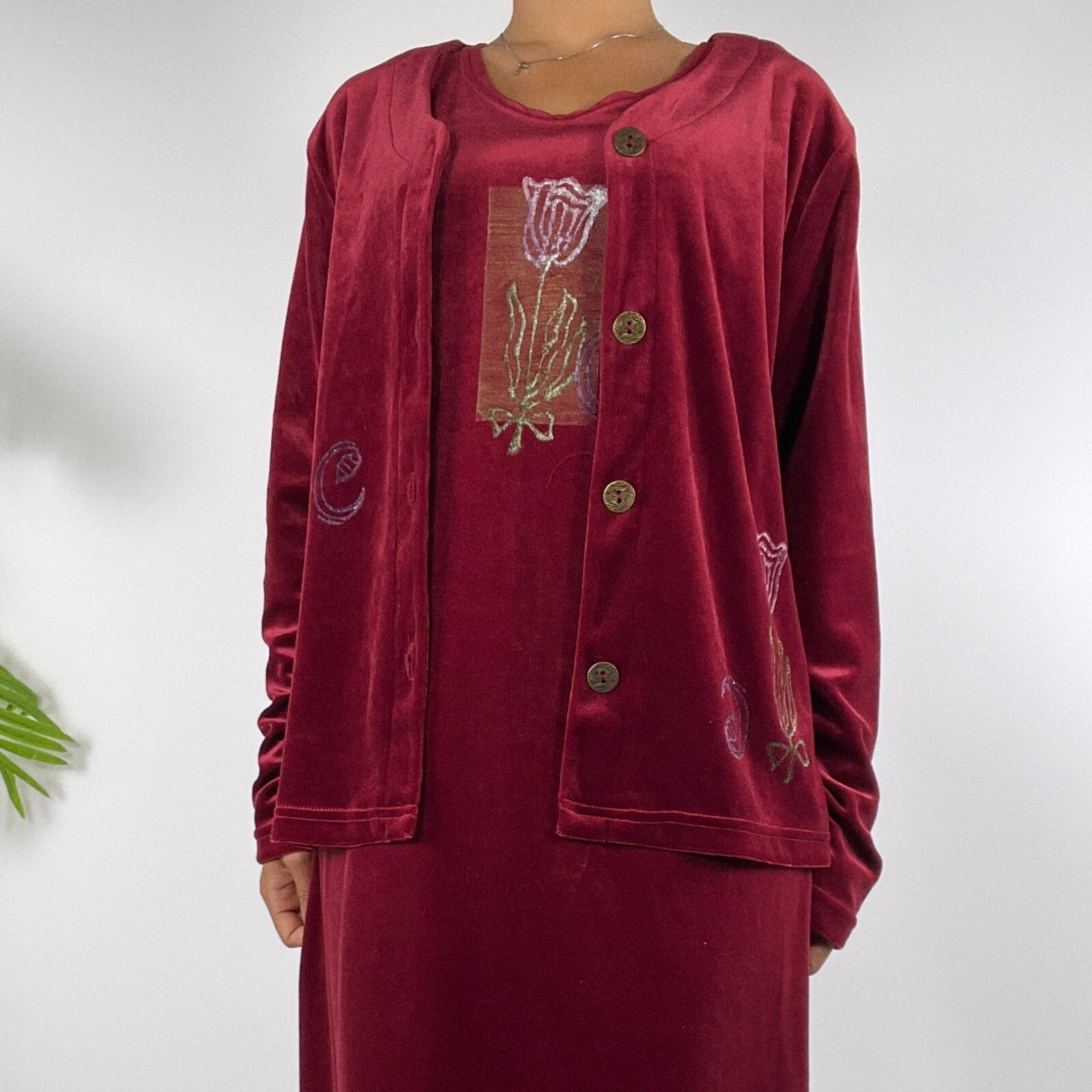 Vintage 90s Red Floral Velour Cottagecore 2-Piece Maxi Dress Cardigan Set / L