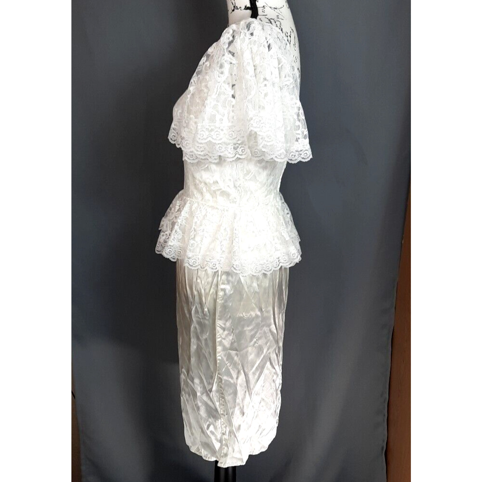 Vtg Diamonds Run Lace Puff Sleeve Peplum Satin Midi Dress Size 8 White Coquette