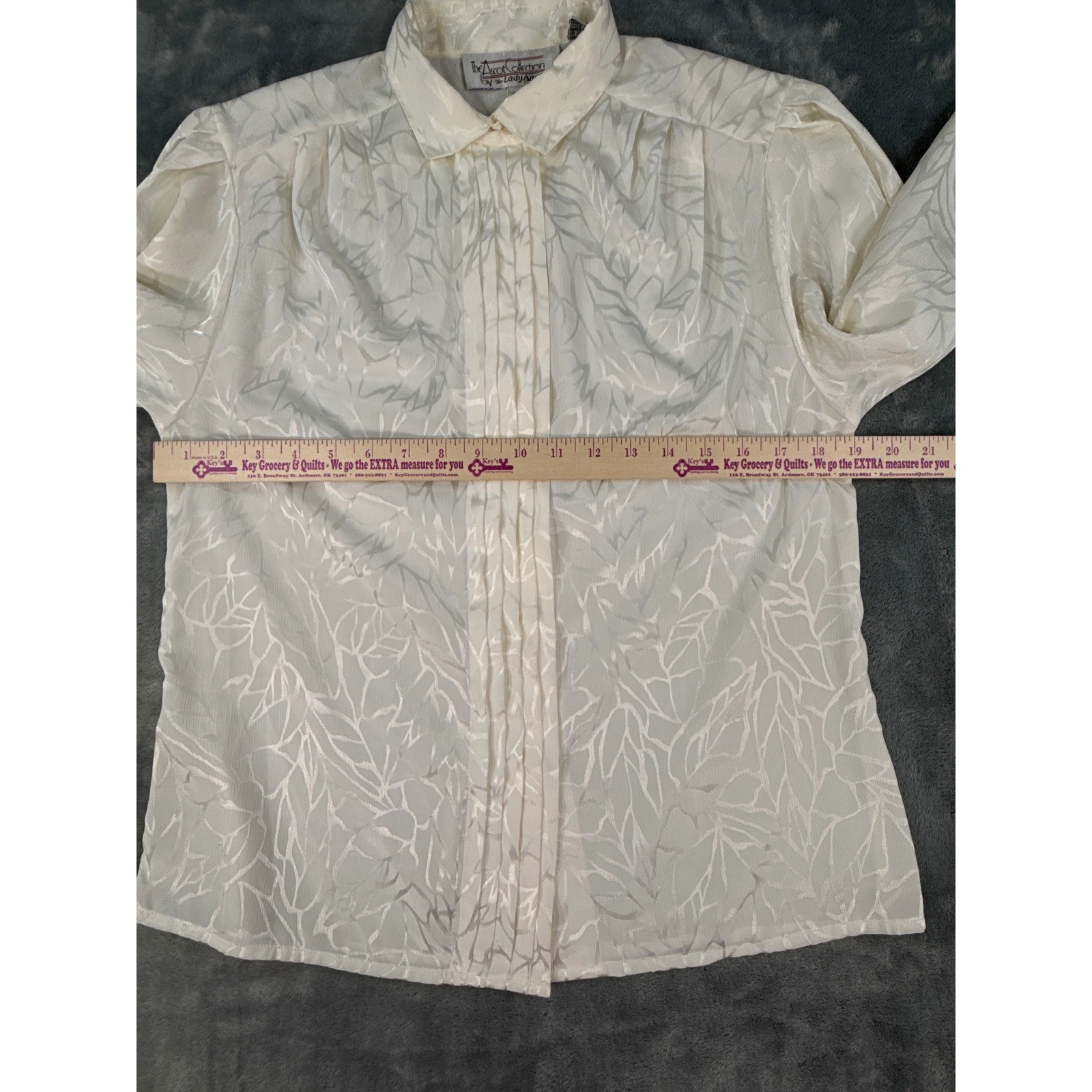 Vtg 80s Ascot Collection Lady Arrow White Leaf Jacquard Blouse Sz 10 Long Sleeve