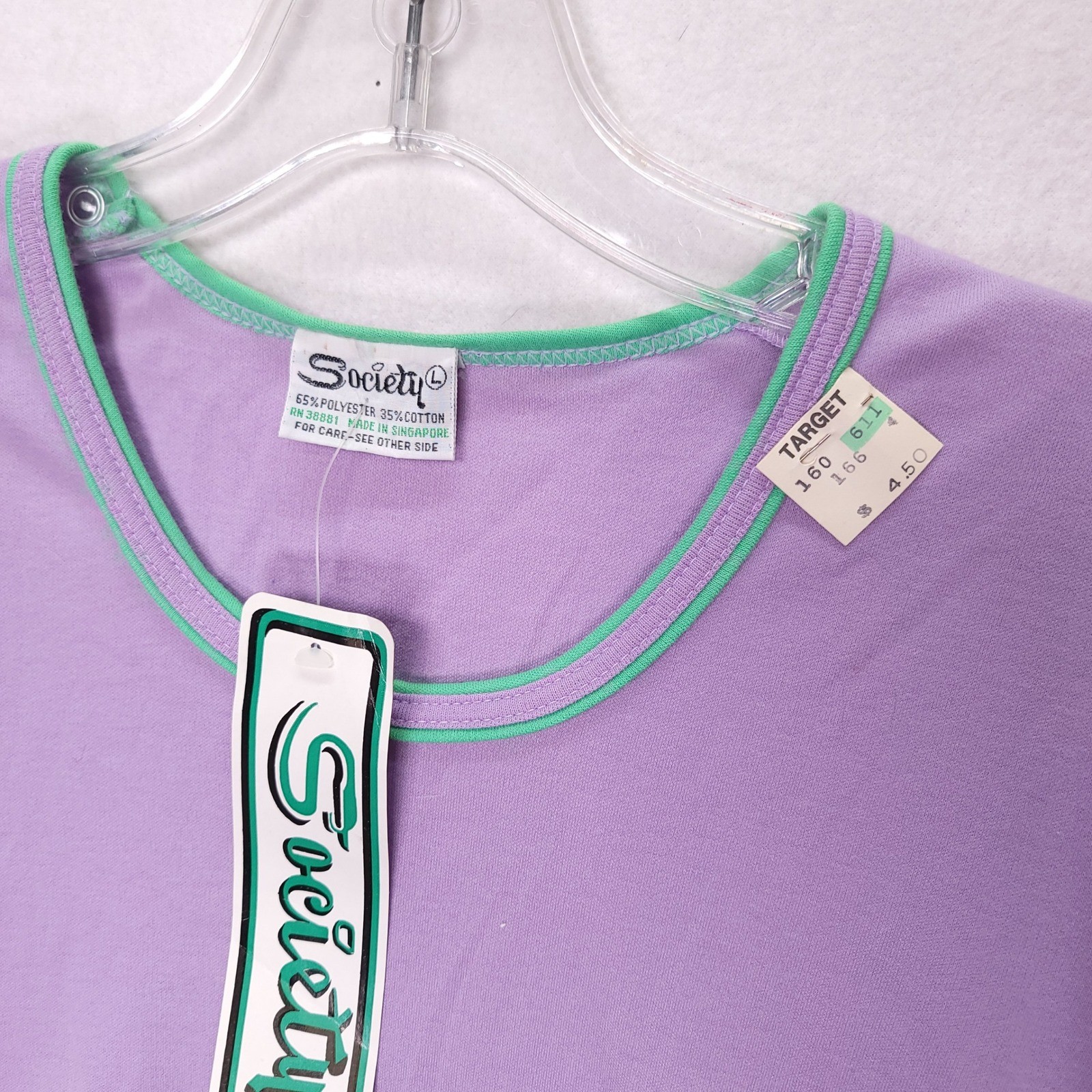 Vintage 90s Society Lavender Purple Mint Green Ringer Tee Shirt NWT Large