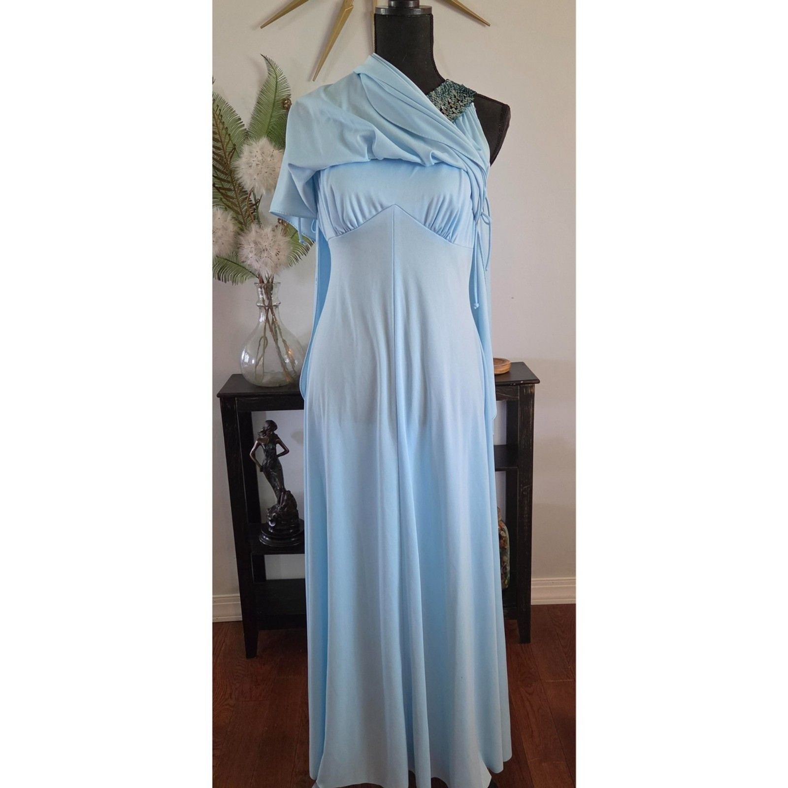 Vintage Grecian-style draped gown with sequin bollar-Powder blue, size 8/10