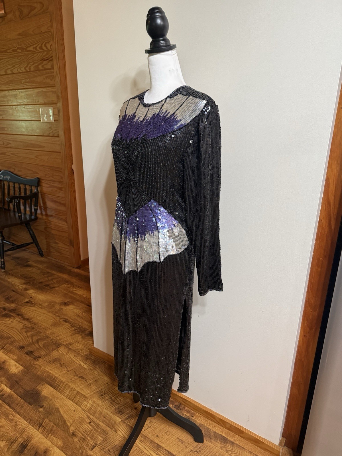 Vintage 1980s HEAVILY Beaded Black Silk Cut Out Butterfly Party Dress Sequins M