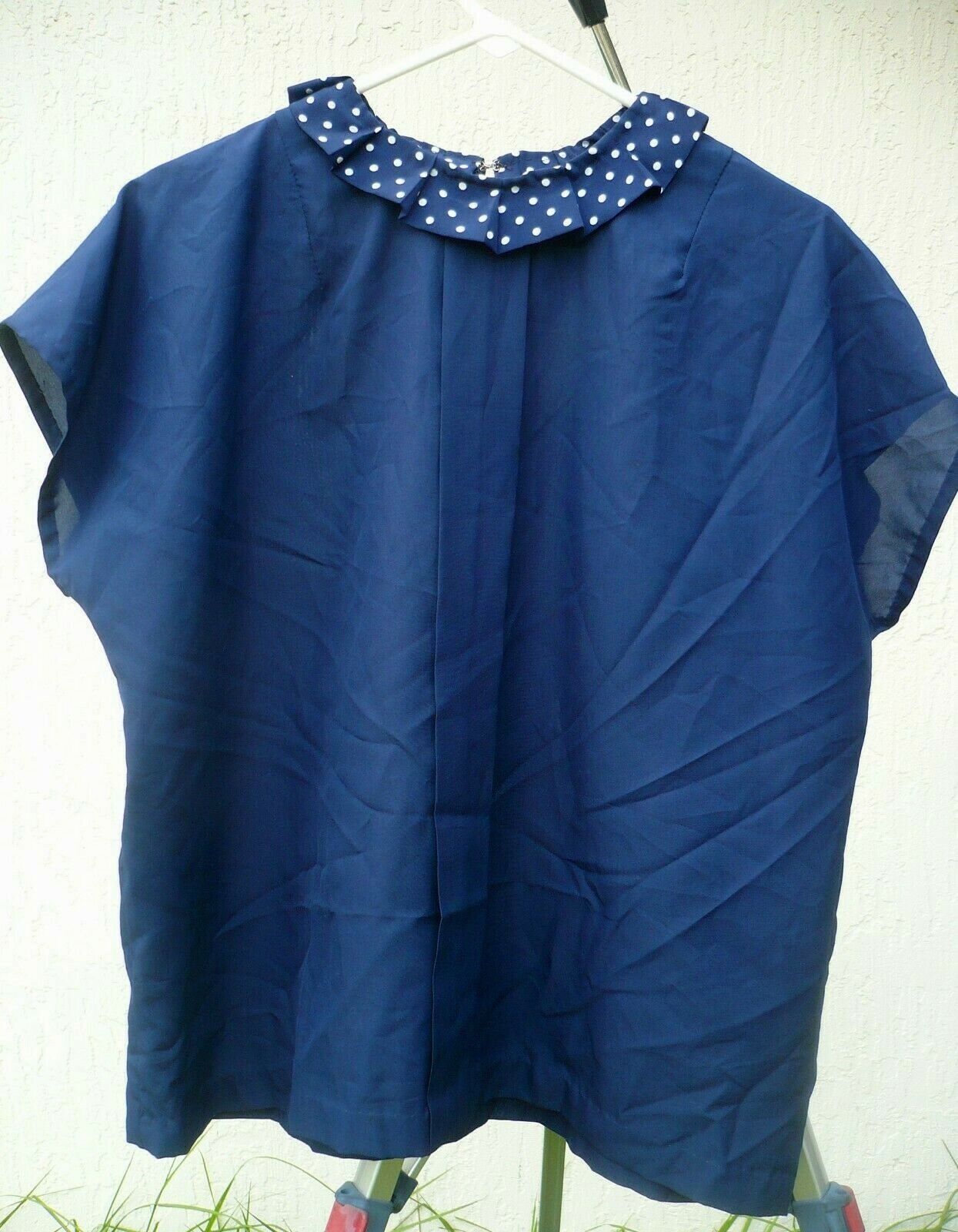 VTG 80S HANDMADE 1X XL NAVY BLUE POLKA DOT PLEATED COLLAR SILKY POLY BLOUSE LADY
