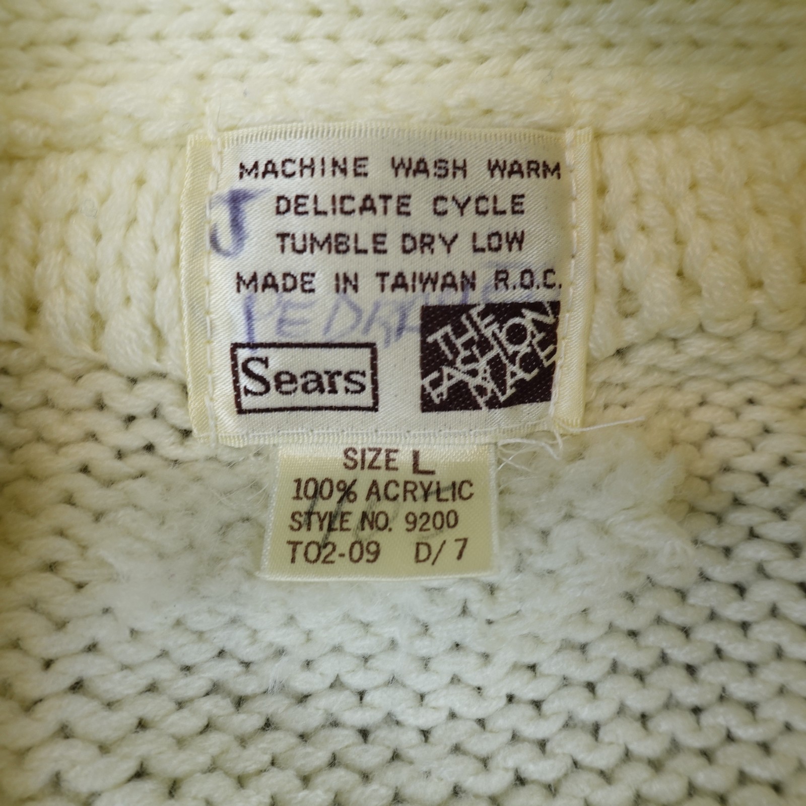 VTG Sears Sweater Cream Ivory Cable Knit Shawl Fisherman Cardigan Women Large 80