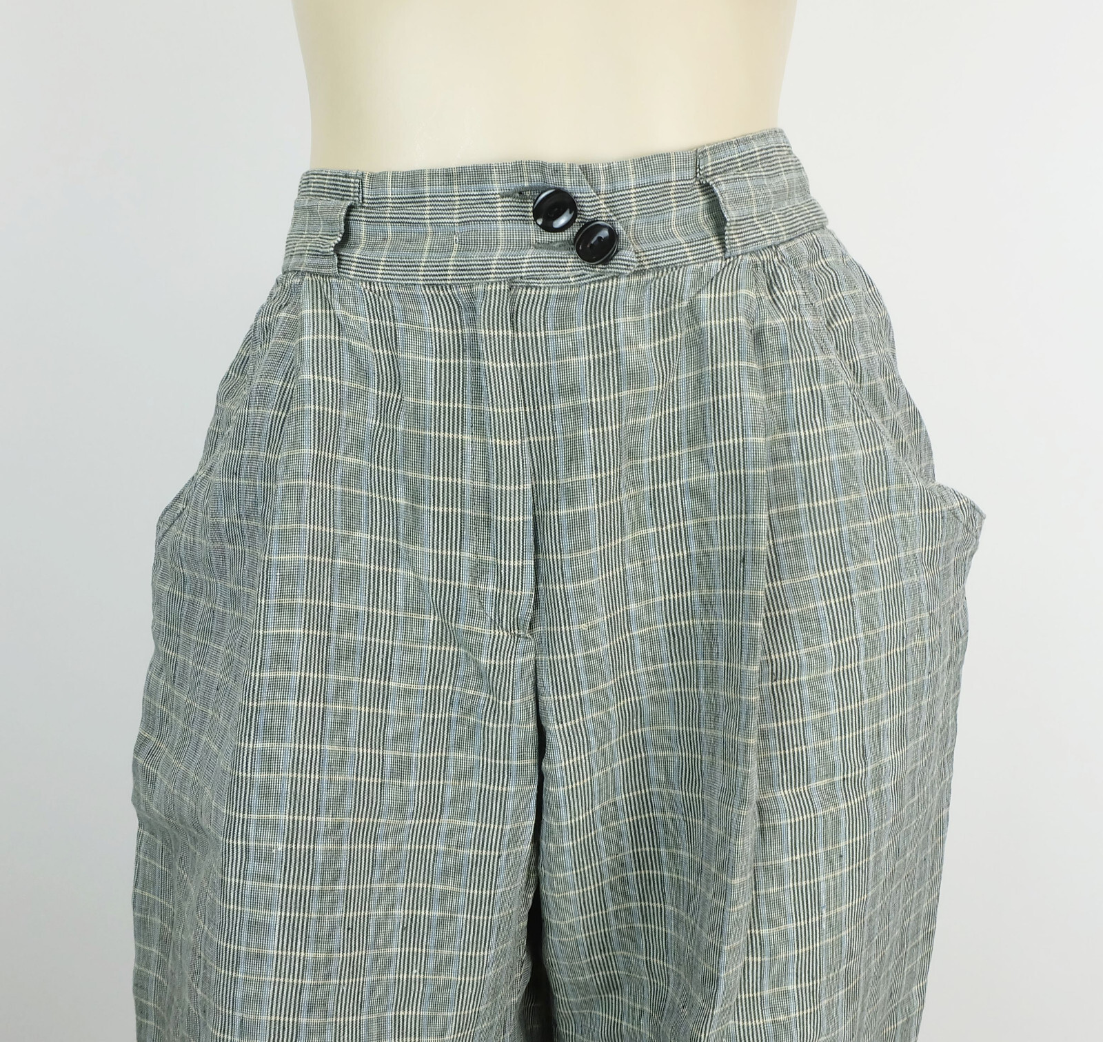 Vintage 1980s Linen Pants RENE LEZARD Plaid Cuffed Wide Leg Pants 38/40